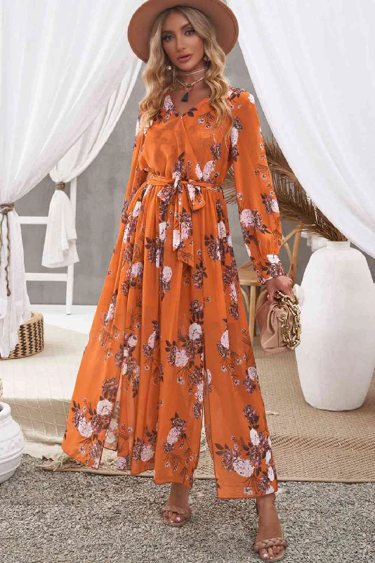 Lace - Embellished Women Dress for an Elegant and Sophisticated AppearanceLace - Embellished Women Dress for an Elegant and Sophisticated AppearanceFloral Tie Waist Slit Maxi Dress