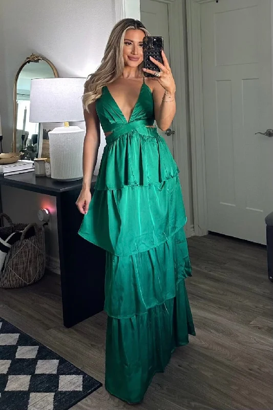 Sheath Women Dress with a Tailored Fit for a Professional LookSheath Women Dress with a Tailored Fit for a Professional LookFlorence Tiered Satin Maxi Dress: Green