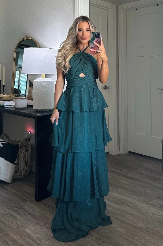 Sleeveless Women Dress in Bright Colors for Summer PartiesSleeveless Women Dress in Bright Colors for Summer PartiesGabriela High Neck Tiered Ruffle Shimmer Maxi Dress: Hunter Green