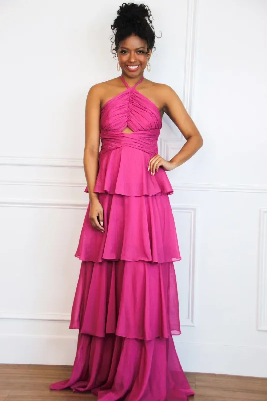 Halter Neck Women Dress to Show Off the Shoulders and NecklineHalter Neck Women Dress to Show Off the Shoulders and NecklineGabriela High Neck Tiered Ruffle Shimmer Maxi Dress: Magenta