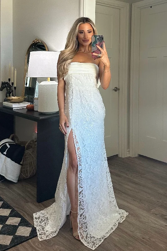 Lace - Embellished Women Dress for an Elegant and Sophisticated AppearanceHello Lover Bow Back Shimmer Lace Maxi Dress: White