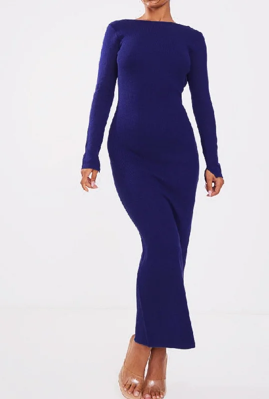 Long - Sleeve Women Dress in Velvet for a Luxurious Winter LookJuliene Navy Open Back Maxi Dress