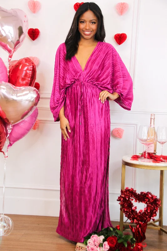 Backless Women Dress for a Sexy and Alluring Look at Evening EventsBackless Women Dress for a Sexy and Alluring Look at Evening EventsJunie Pleated Batwing Maxi Dress: Magenta