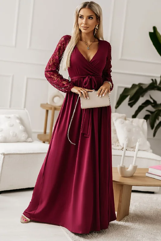 Wrap - Style Women Dress with Adjustable Fit for All Body TypesWrap - Style Women Dress with Adjustable Fit for All Body TypesLace Detail Surplice Tie-Waist Maxi Dress
