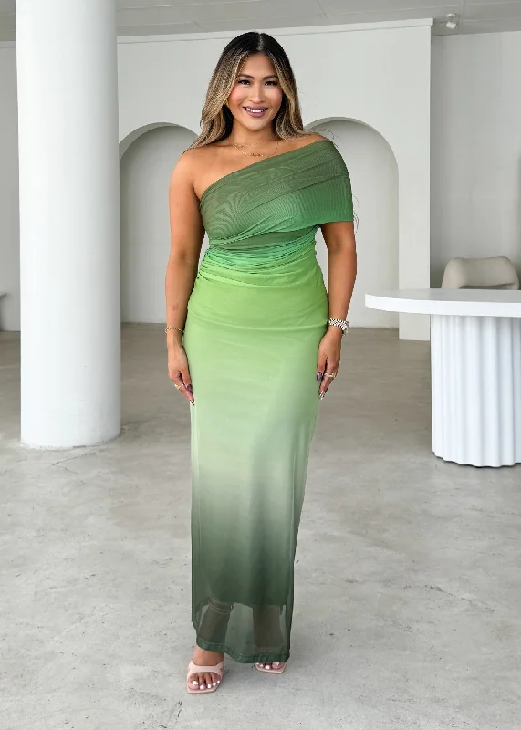 Sleeveless Women Dress in Bright Colors for Summer PartiesSleeveless Women Dress in Bright Colors for Summer PartiesLeia One Shoulder Mesh Maxi Dress - Green Ombre