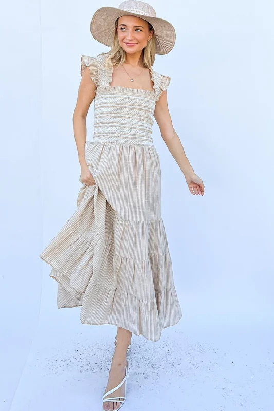 Mermaid - Style Women Dress with a Fitted Silhouette for Special OccasionsLinen Striped Ruffle Maxi Dress