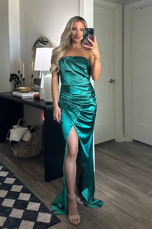 Printed Abstract Women Dress for a Modern and Artistic AppealPrinted Abstract Women Dress for a Modern and Artistic AppealLowen One Shoulder Satin Maxi Dress: Emerald Green
