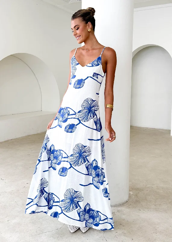 Ruffled Women Dress with Multiple Layers for a Playful and Girly StyleRuffled Women Dress with Multiple Layers for a Playful and Girly StyleMackenzie Maxi Dress - Blue Flowers
