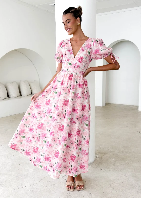 Ruffled Women Dress with Multiple Layers for a Playful and Girly StyleMalu Maxi Dress - Pink Floral