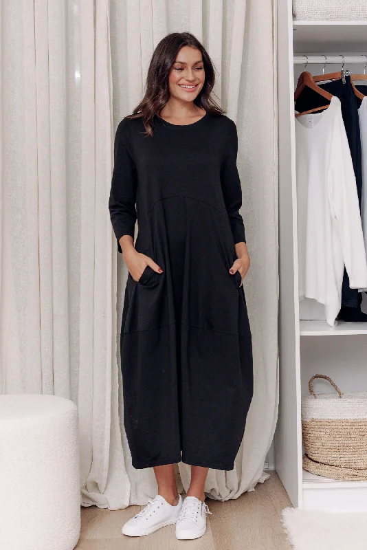 Strapless Women Dress with a Built - in Bra for Comfort and SupportStrapless Women Dress with a Built - in Bra for Comfort and SupportMarlyn Black Cotton Blend Balloon Dress