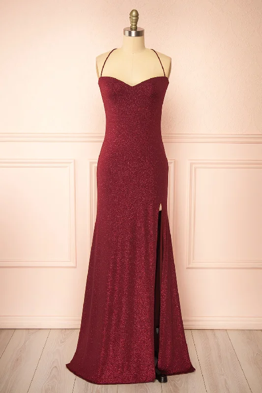 Strapless Women Dress with a Built - in Bra for Comfort and SupportMilah Burgundy | Glittery Mermaid Maxi Dress