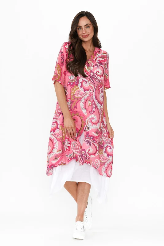 Strapless Women Dress with a Built - in Bra for Comfort and SupportStrapless Women Dress with a Built - in Bra for Comfort and SupportNala Pink Paisley Layers Dress