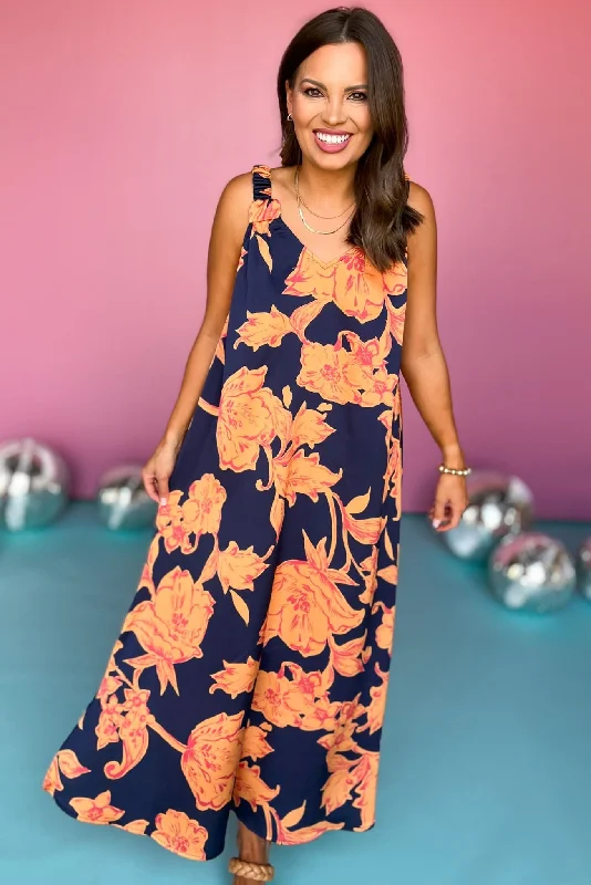 Off - the - Shoulder Women Dress for a Romantic and Feminine LookNavy Floral Print Side Slit Maxi Dress