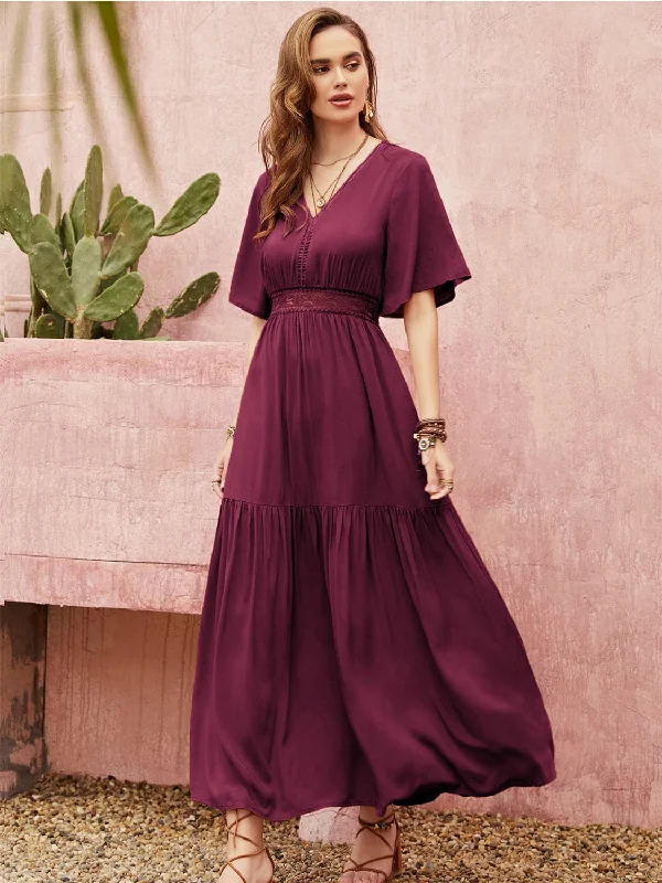 Empire Waist Women Dress to Accentuate the Bust and Conceal the WaistEmpire Waist Women Dress to Accentuate the Bust and Conceal the WaistOpenwork V-Neck Flare Sleeve Ruched Dress