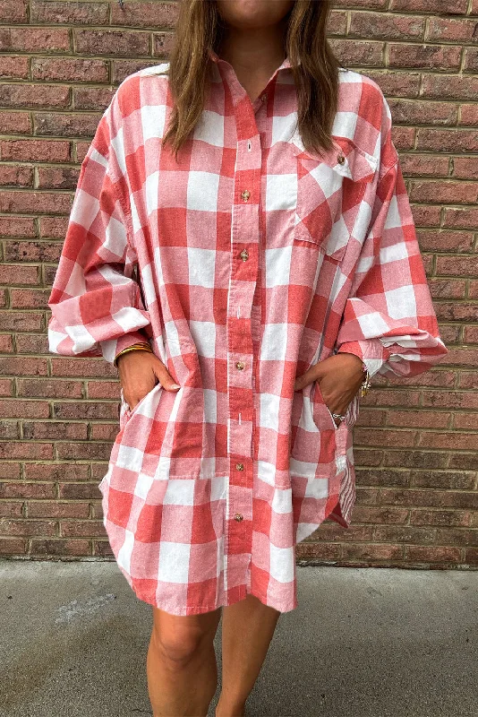 Ball Gown Women Dress with a Full Skirt for a Princess - like LookPink Oversized Plaid Puff Sleeve Round Hem Shirt Dress