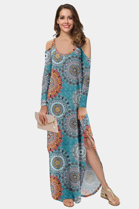Plus Size Women Dress with a Flattering A - Line Cut for Comfort and StylePlus Size Women Dress with a Flattering A - Line Cut for Comfort and StylePrinted Cold-Shoulder Slit Maxi Dress