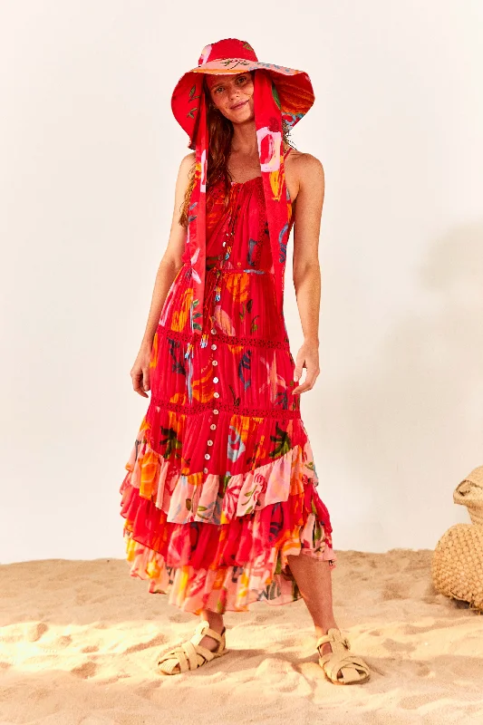 Halter Neck Women Dress to Show Off the Shoulders and NecklineRed Mixed Fruits Ocean Maxi Dress