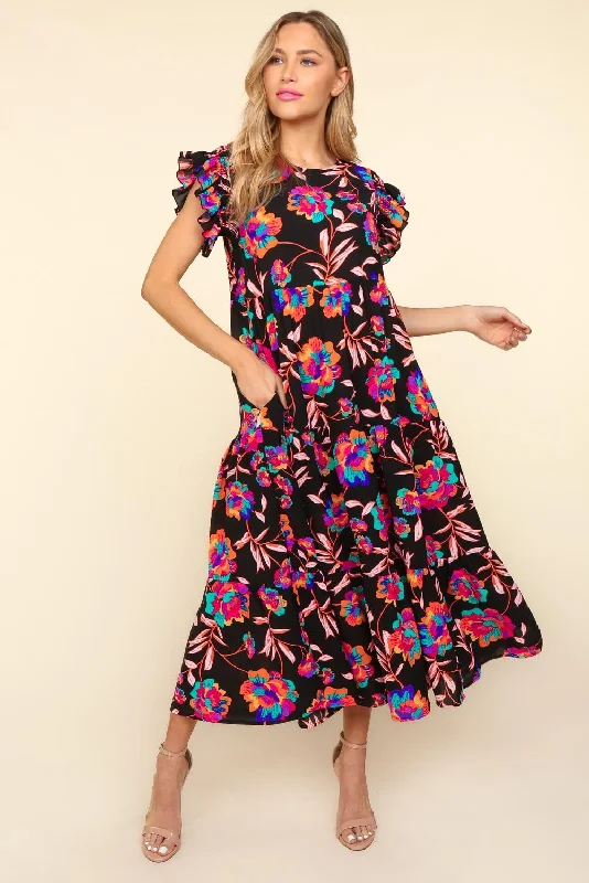 Little Black Women Dress with Sequins for a Glamorous Night OutRuffled Printed Round Neck Cap Sleeve Maxi Dress