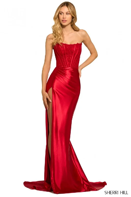 Mermaid - Style Women Dress with a Fitted Silhouette for Special OccasionsSherri Hill Strapless Lace Corset Gown 55419