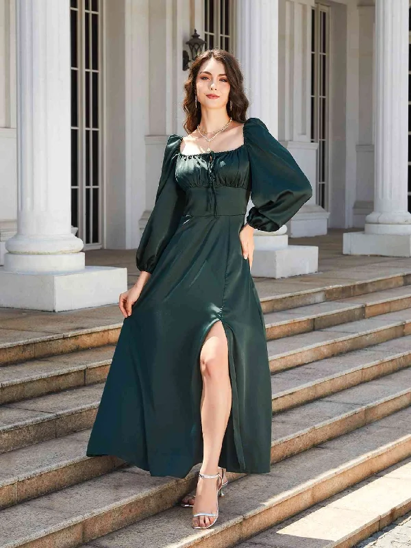 Shift Women Dress with a Simple and Classic Design for Everyday WearShift Women Dress with a Simple and Classic Design for Everyday WearSquare Neck Puff Sleeve High Slit Maxi Dress