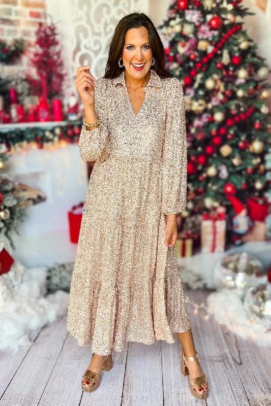 Maxi Women Dress with Floral Print for a Bohemian VibeSSYS The Tinsley Long Sleeve Maxi Dress In Champagne Sequin