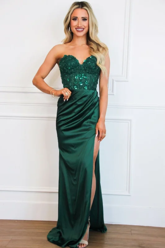 Mermaid - Style Women Dress with a Fitted Silhouette for Special OccasionsMermaid - Style Women Dress with a Fitted Silhouette for Special OccasionsSutton Satin Lace Bustier Slit Formal Dress: Emerald