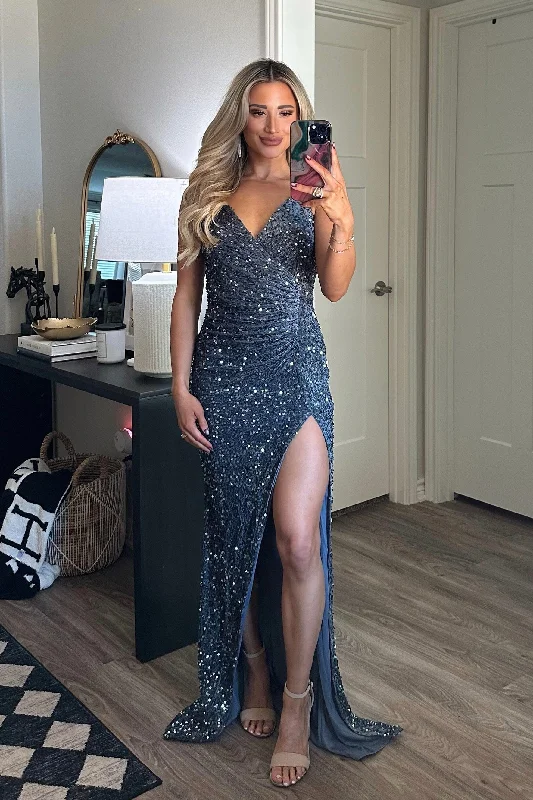 Sheath Women Dress with a Tailored Fit for a Professional LookSheath Women Dress with a Tailored Fit for a Professional LookTake My Hand Sequin Slit Maxi Dress: Slate Blue Velvet