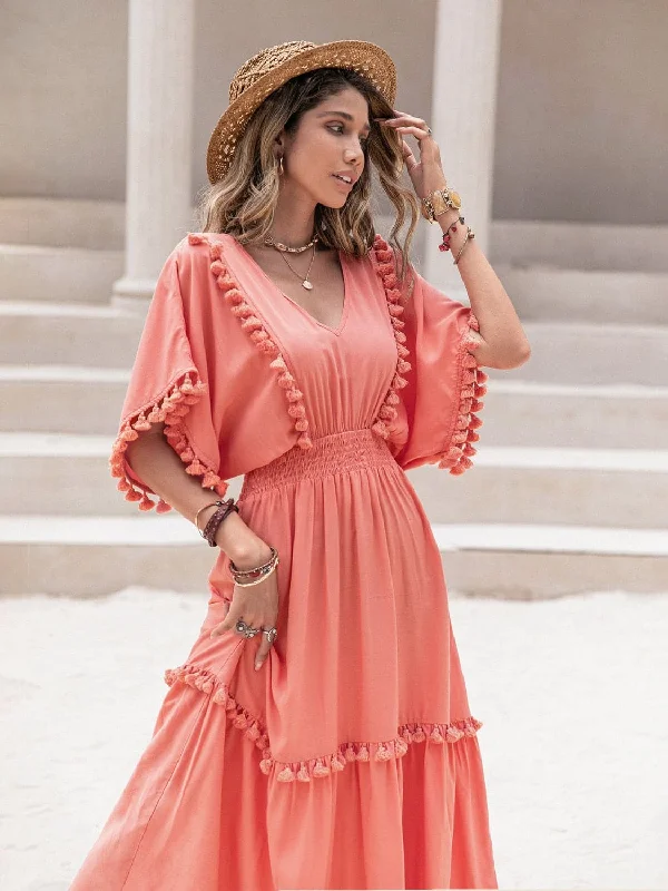 Pleated Women Dress with a Timeless and Elegant TexturePleated Women Dress with a Timeless and Elegant TextureTassel smocked mini dress with sleeves