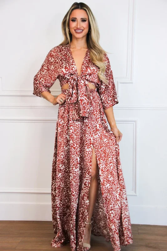 Maxi Women Dress with Floral Print for a Bohemian VibeMaxi Women Dress with Floral Print for a Bohemian VibeWild About You Satin Cutout Maxi Dress: RUST/IVORY