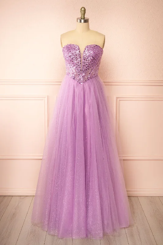 Ball Gown Women Dress with a Full Skirt for a Princess - like LookYeji Lavender | Sparkly Maxi Dress w/ Embroidered Bodice