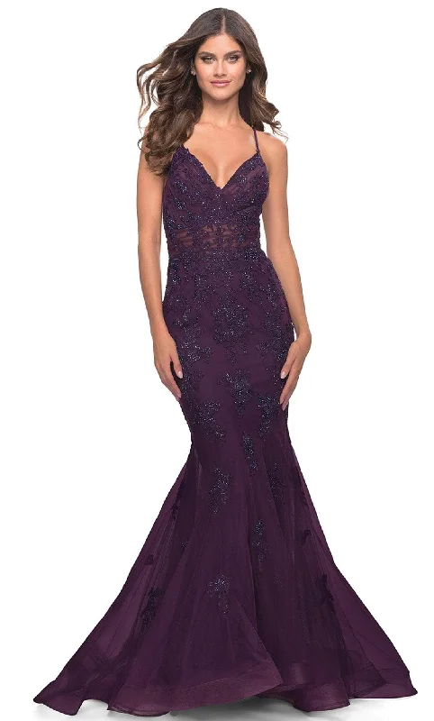 Wrap - Style Women Dress with Adjustable Fit for All Body TypesLa Femme 31316 - Embroidered Trumpet Sleeveless Gown