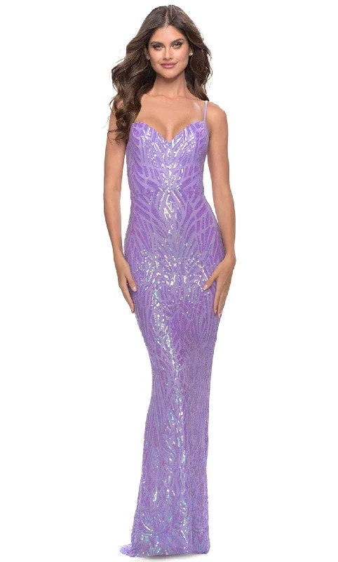 Mermaid - Style Women Dress with a Fitted Silhouette for Special OccasionsLa Femme 31390SC - Patterned Sequin V-Neck Prom Dress