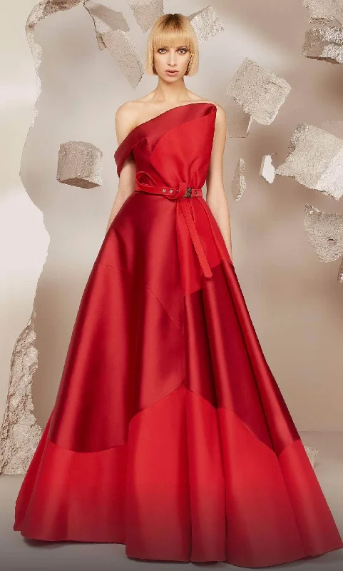 Mini Women Dress with a Short Hem for a Young and Trendy StyleMNM Couture E0014 - Pleated Asymmetric Neck Evening Gown