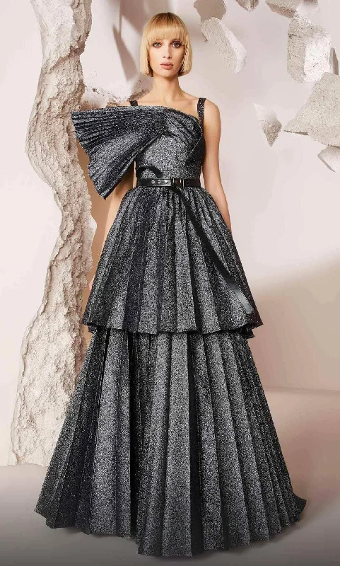 Little Black Women Dress with Sequins for a Glamorous Night OutMNM Couture E0017 - Asymmetric Metallic Pleated Evening Gown