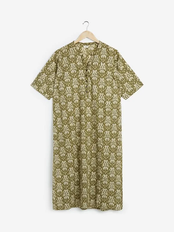 Diza Olive Ethnic Design Straight Kurta