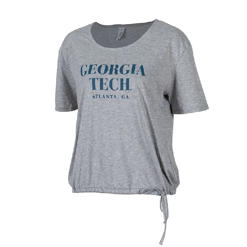 Distressed Women T Shirt with a Laid - Back AestheticDistressed Women T Shirt with a Laid - Back AestheticLadies Georgia Tech Yellow Jackets Drawstring Cinch T-Shirt