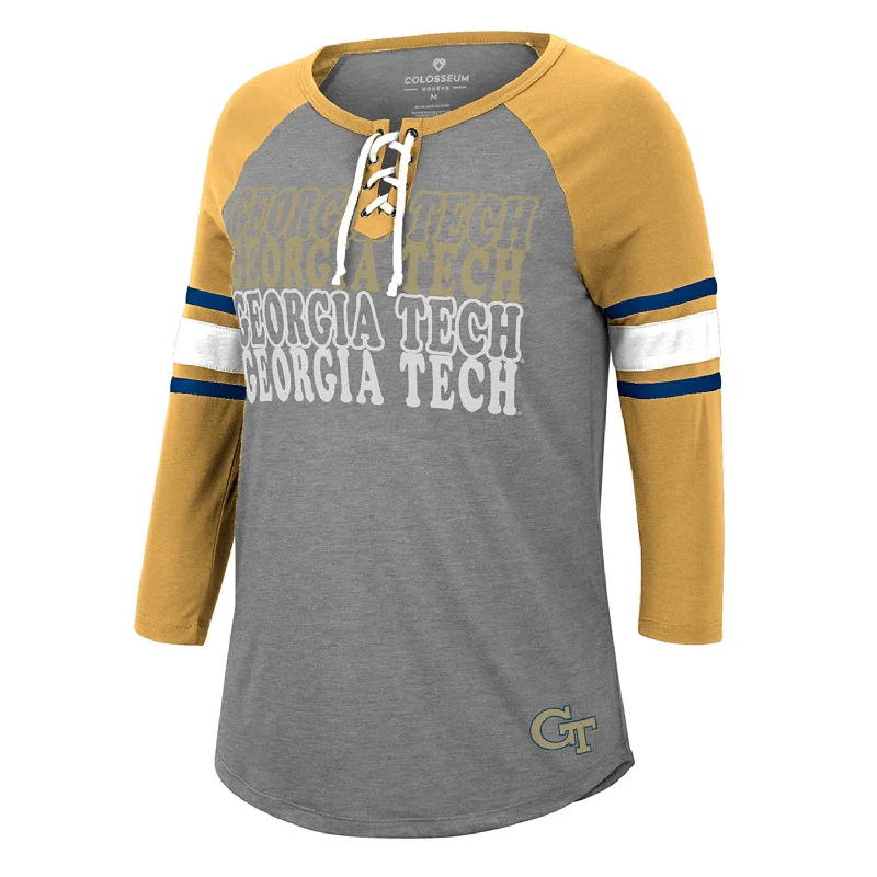 Striped Women T Shirt in a Classic PatternStriped Women T Shirt in a Classic PatternLadies Georgia Tech Yellow Jackets She Means You Lace Up 3/4 Sleeve T-Shirt