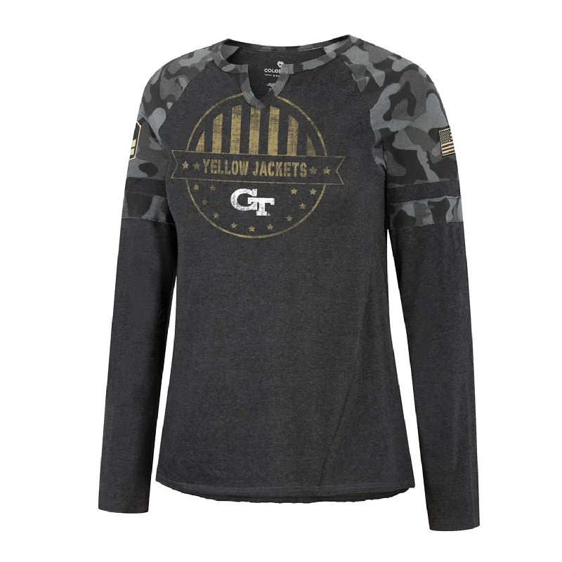 Sheer Women T Shirt for a Stylish and Alluring LookSheer Women T Shirt for a Stylish and Alluring LookLadies Georgia Tech Yellow Jackets Notch Long Sleeve Grey T-Shirt