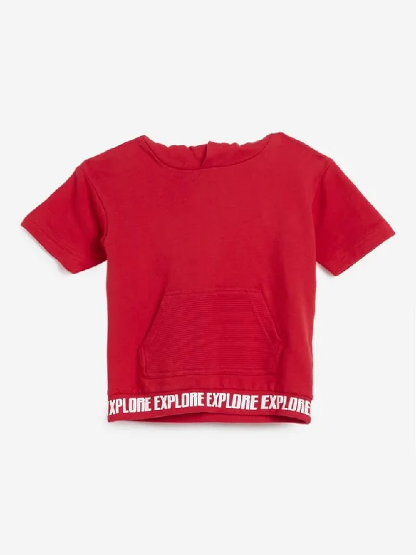 HOP Kids Red Text Print Hooded T-Shirt