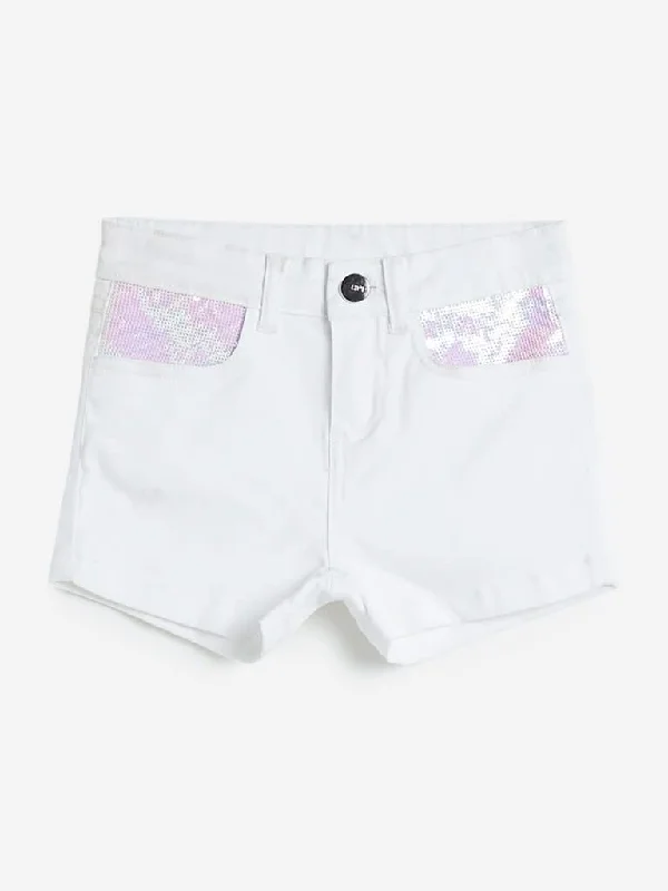 HOP Kids White Sequinned Denim Shorts