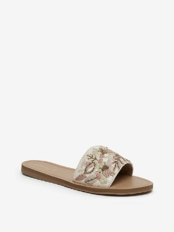 LUNA BLU Beige Raffia Floral Pattern Slides