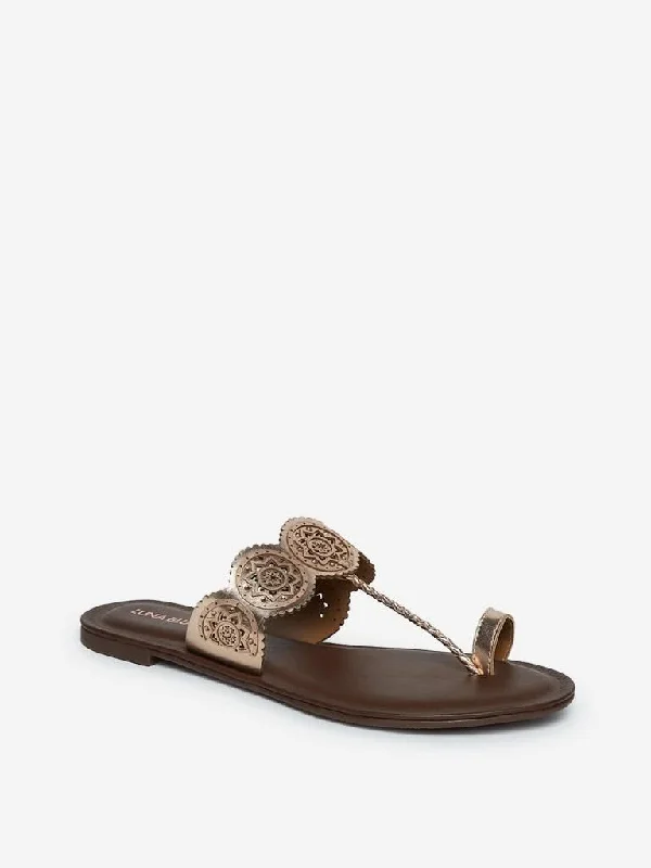 LUNA BLU Rose Gold Laser-Cut Kolhapuri Sandals