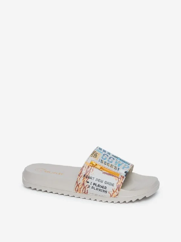 SOLEPLAY Off White Printed Zipper Design Slides