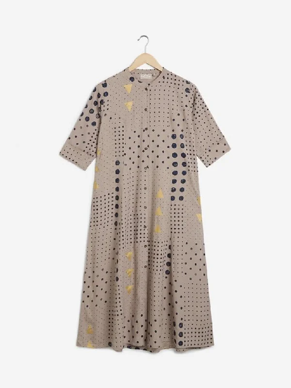 Utsa Beige Geometrical Print A-line Kurta