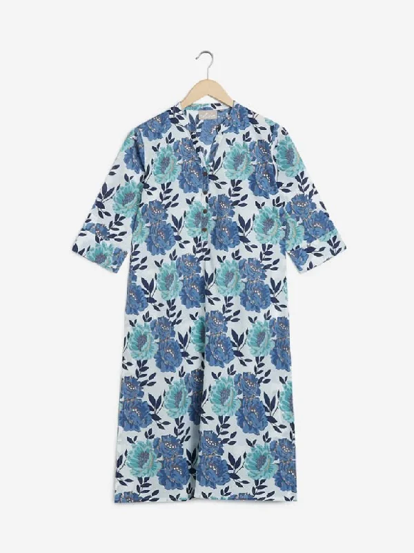 Utsa Indigo Floral Print Straight Kurta