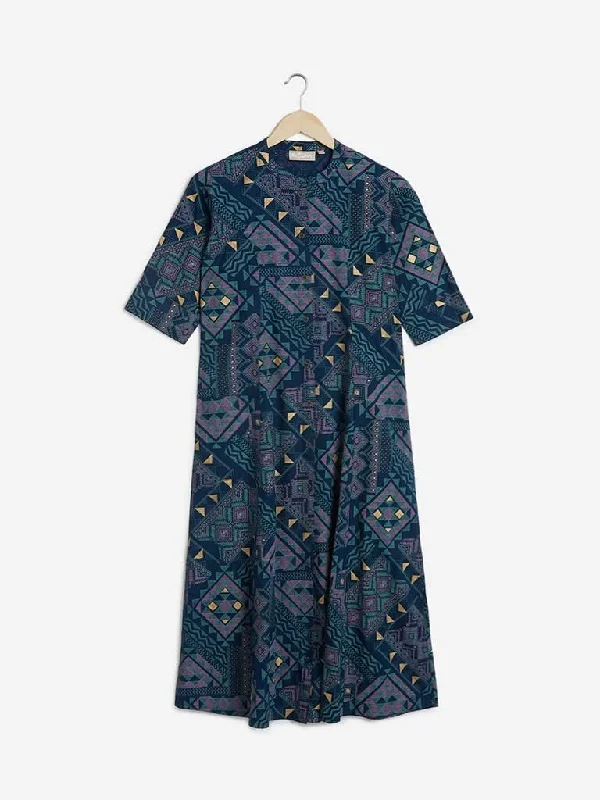 Utsa Indigo Geometrical Print A-line Kurta