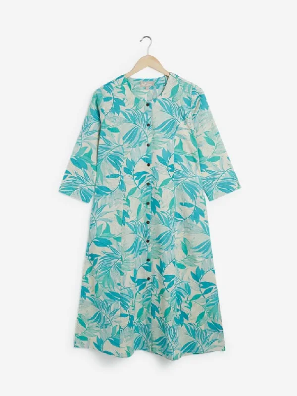 Utsa Light Blue Leaf Design A-Line Kurta