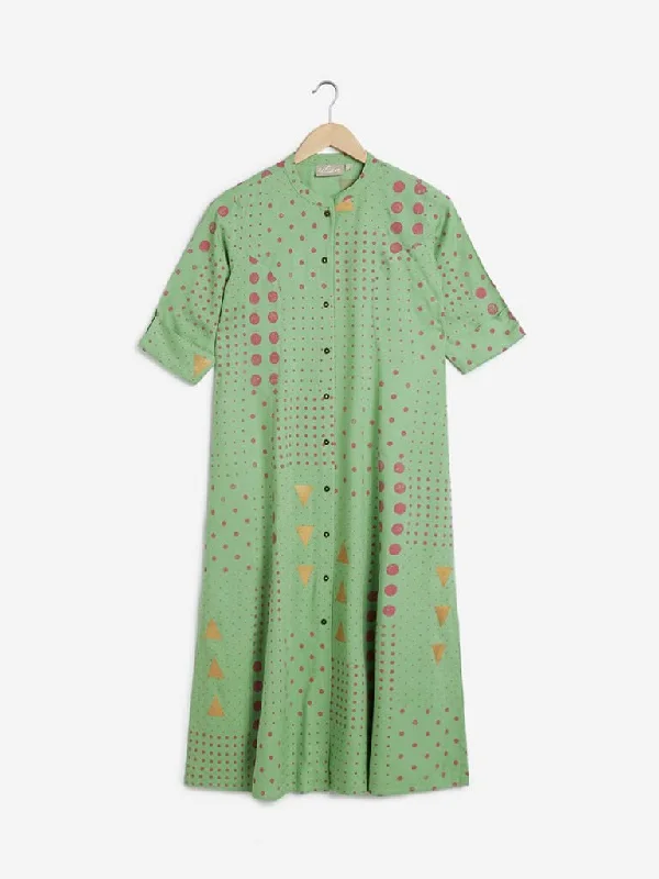 Utsa Lime-Green Geometrical Print A-line Kurta