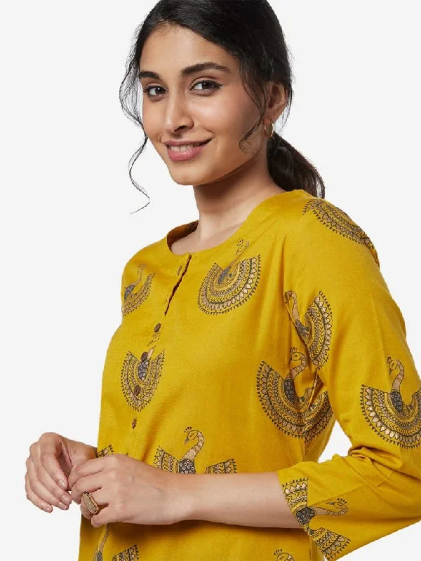 Utsa Mustard A-Line Peacock Pattern Kurta