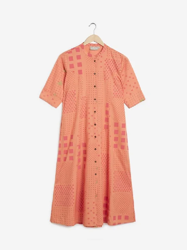 Utsa Orange Square Print A-Line Kurta